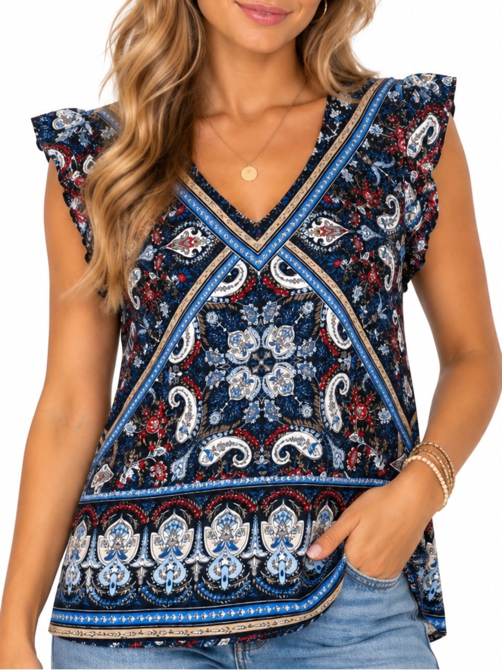 Boho Chic Navy Blue Paisley Scarf Print Ruffle Sleeve Blouse L